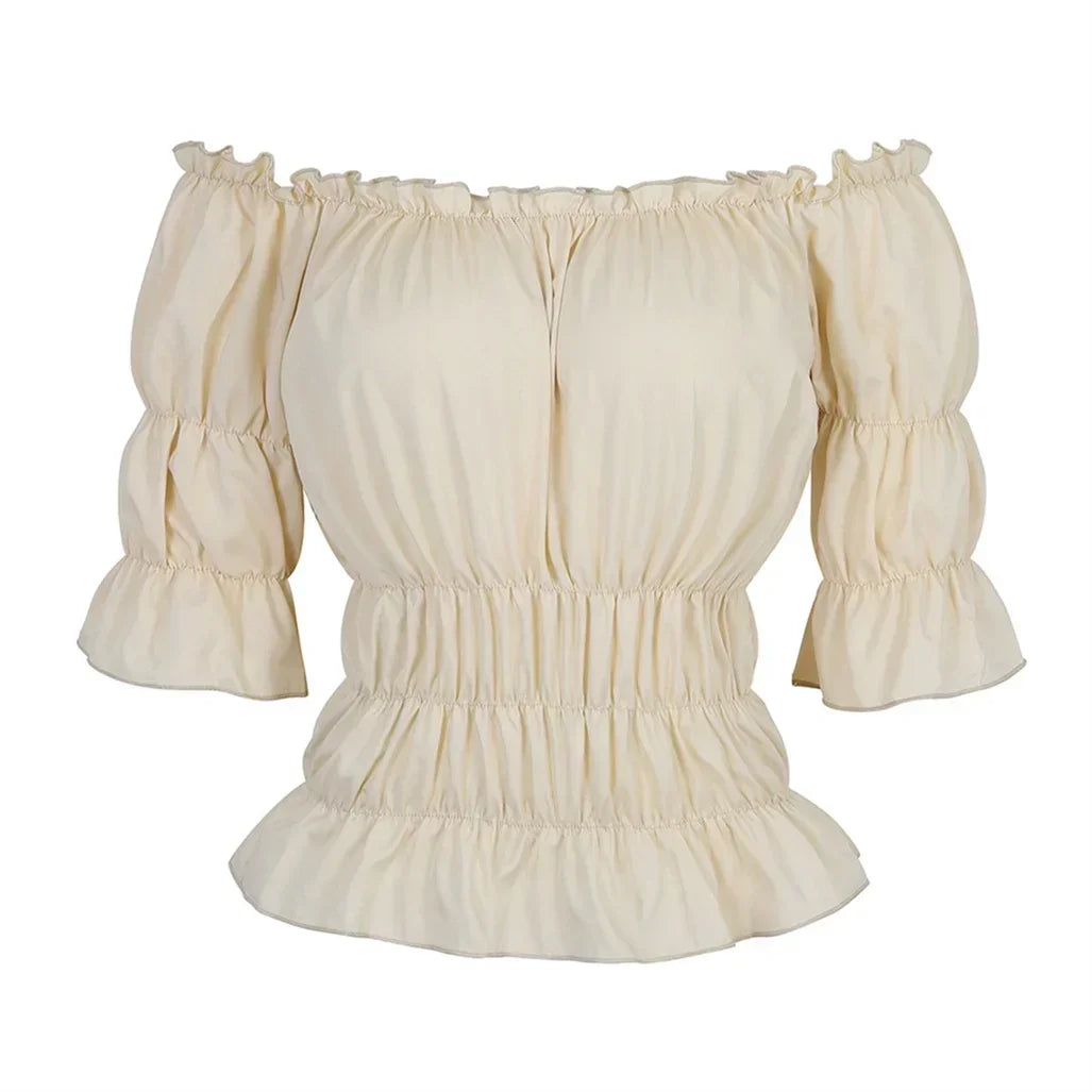 Short-Sleeved Medieval Renaissance Blouse - Beige and Light Blue Main image