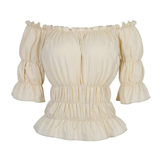 Short-Sleeved Medieval Renaissance Blouse - Beige and Light Blue