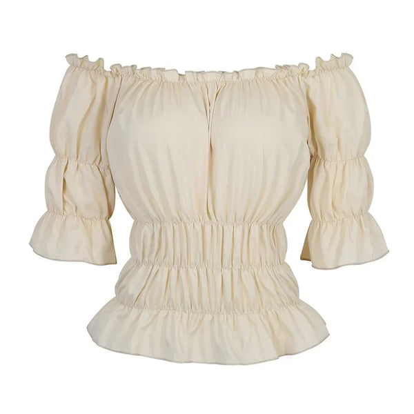 Short-Sleeved Medieval Renaissance Blouse - Beige and Light Blue