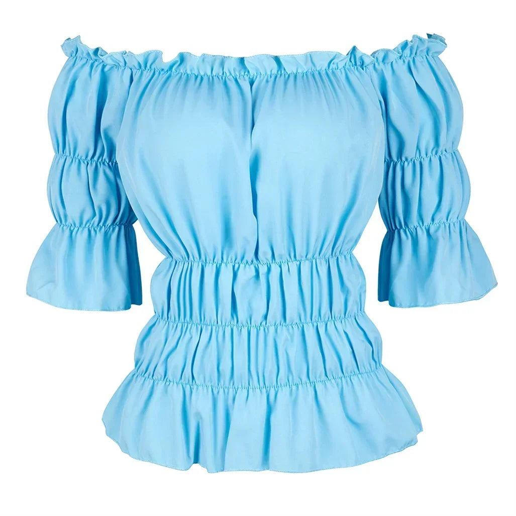 Short-Sleeved Medieval Renaissance Blouse - Beige and Light Blue