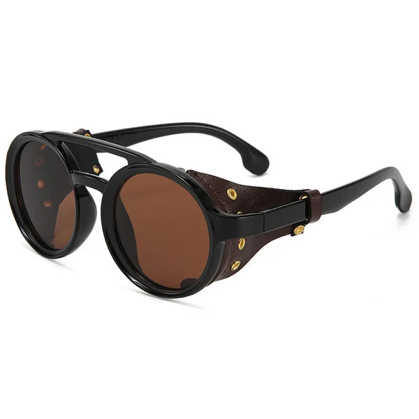 Retro Round Steampunk Sunglasses with Leather Shades