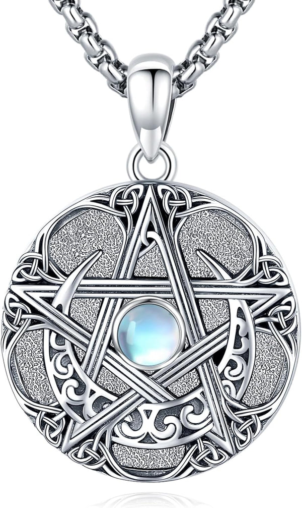 Sterling Silver Pentagram Necklace Triple Moon