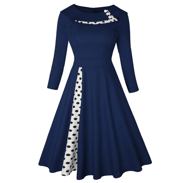 Dress Rockabilly Polka Dot Print Sexy Patchwork Long Sleeve High Waist Swing Casual Party Midi Vestidos Robe