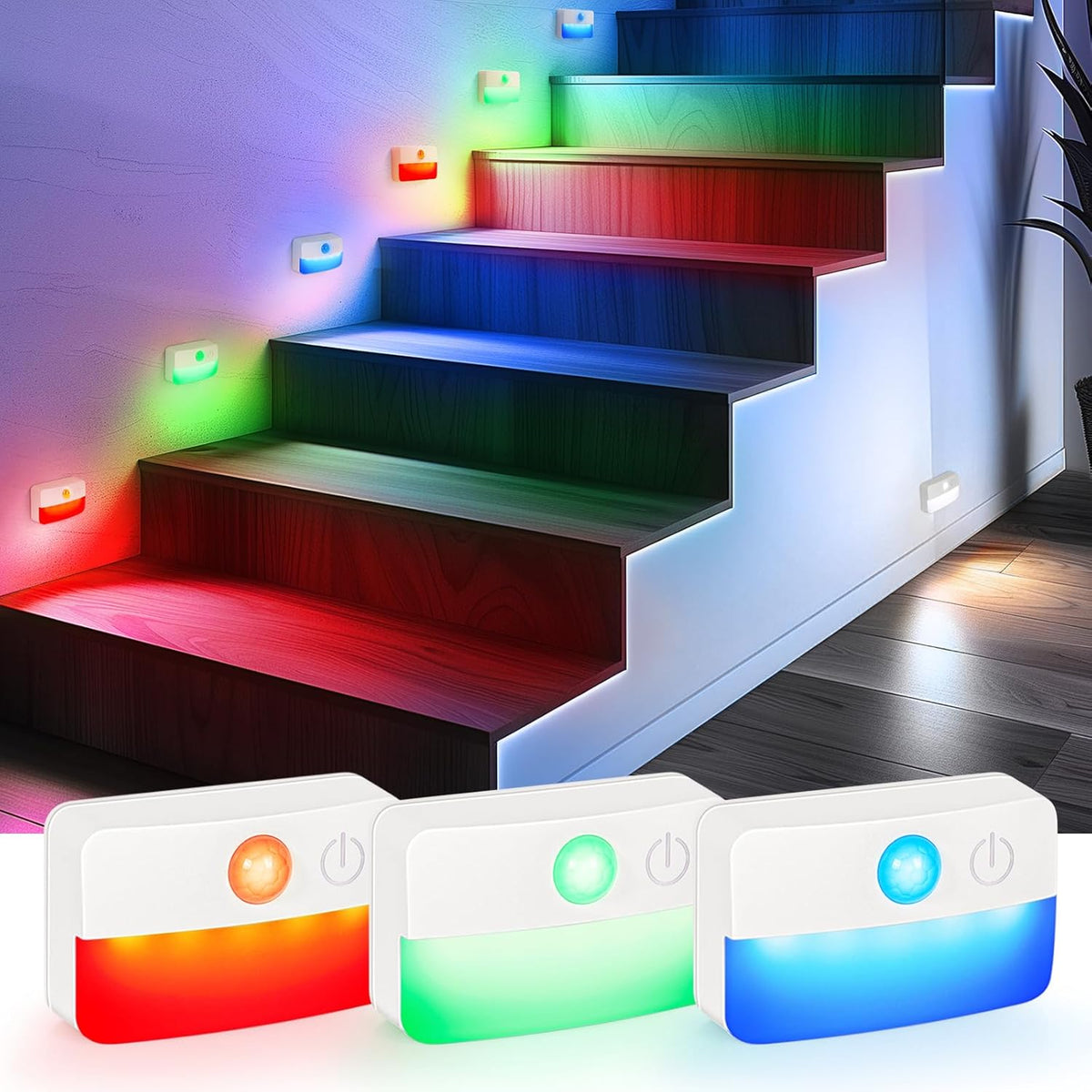 8 Pack Motion Sensor Stair LED Light, Wireless Stick on Anywhere Hallway Lamp, Portable LED Night...