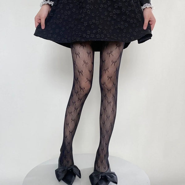 Kawaii Gothic Bow Knot Hollow Fishnet Pantyhose