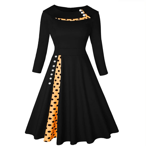 Dress Rockabilly Polka Dot Print Sexy Patchwork Long Sleeve High Waist Swing Casual Party Midi Vestidos Robe
