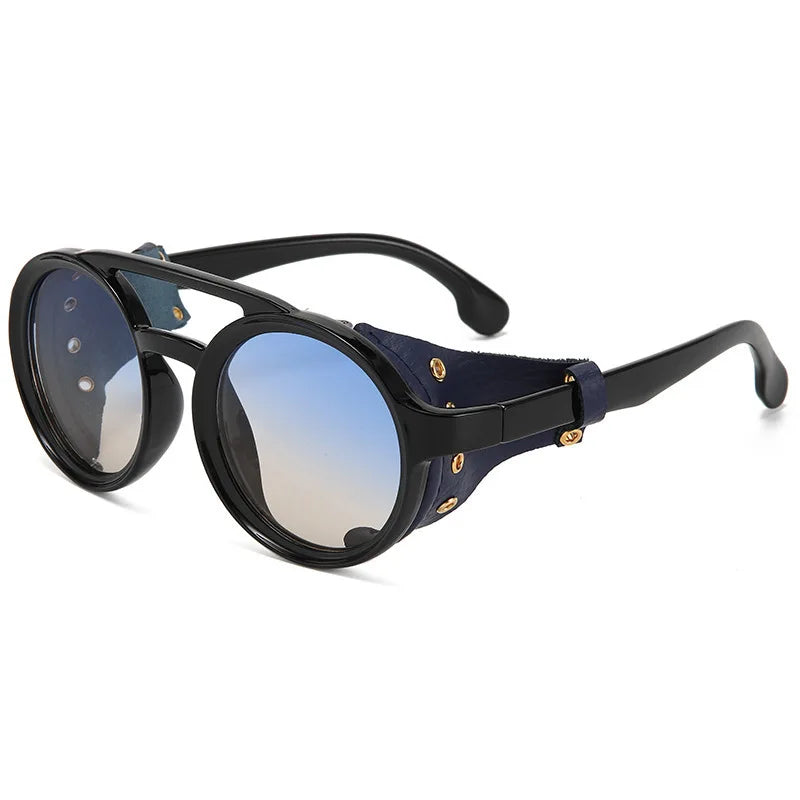 Retro Round Steampunk Sunglasses with Leather Shades