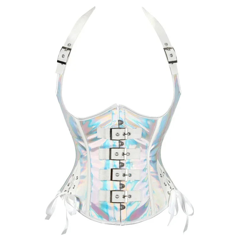 PU Leather Halter Corset Bustier with Lace-Up Back