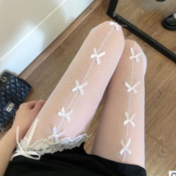 Kawaii Gothic Bow Knot Hollow Fishnet Pantyhose