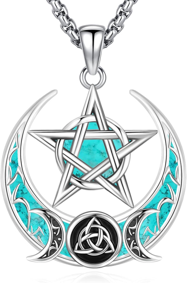 Sterling Silver Pentagram Necklace Triple Moon Tetragrammaton