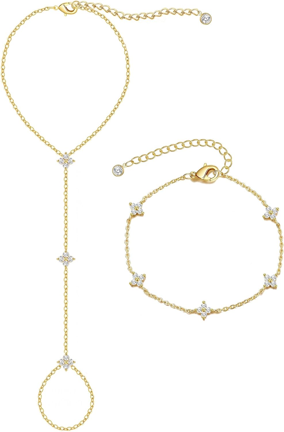 3PCS 14K Gold-Plated Hand Chain Bracelets for Women, Stack Bracelets Set Adjustable, Trendy Dainty Ring Bracelet Hand Chain