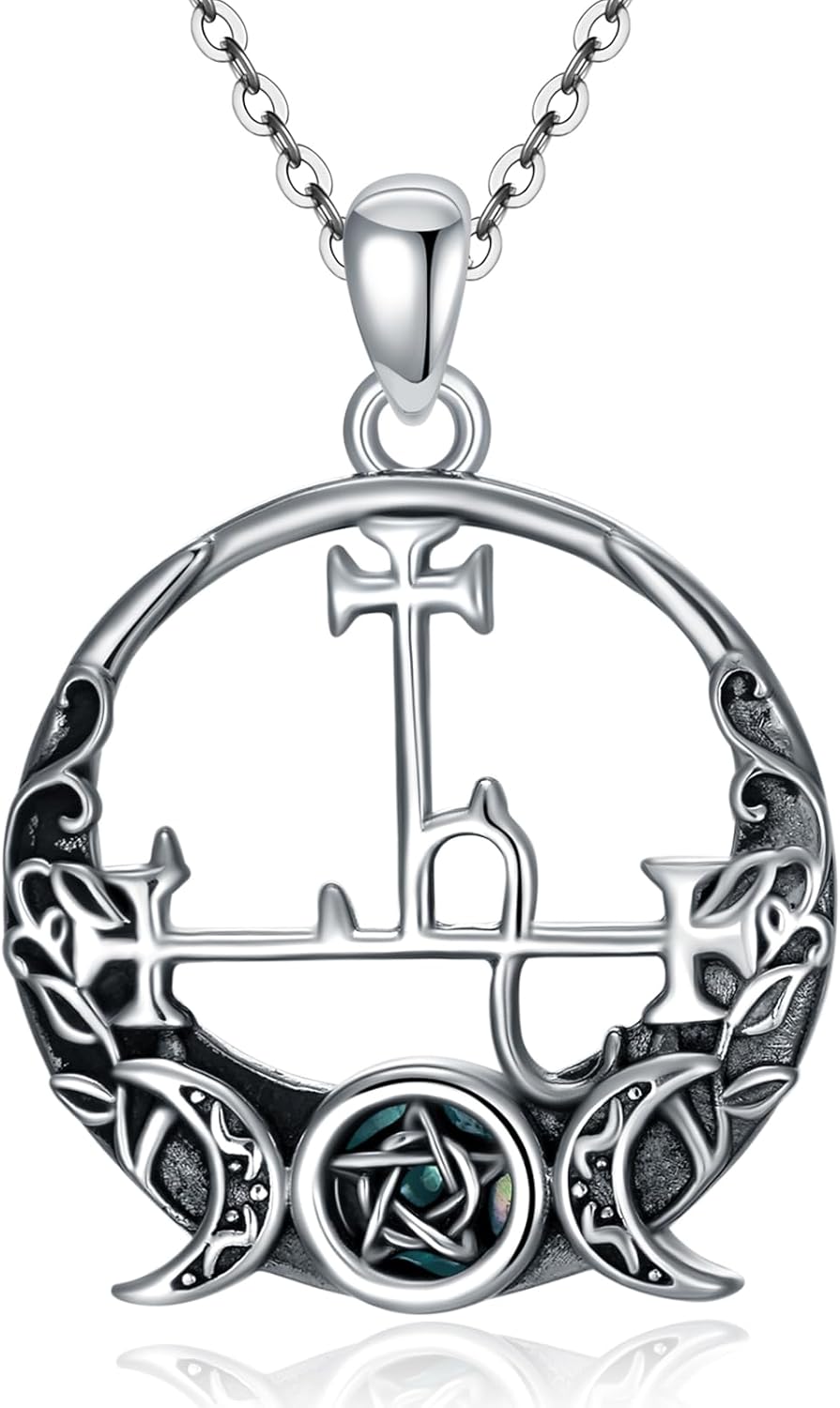 Sterling Silver Pentagram Necklace Triple Moon