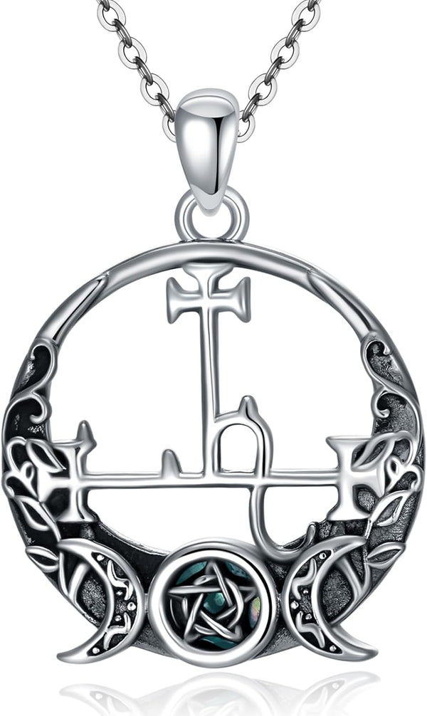Sterling Silver Pentagram Necklace Triple Moon