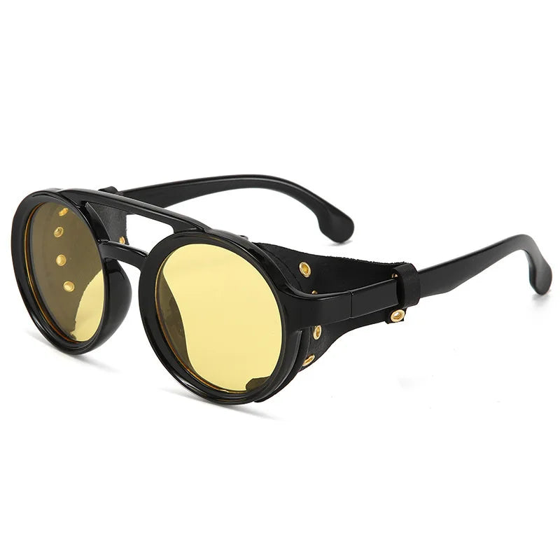 Retro Round Steampunk Sunglasses with Leather Shades