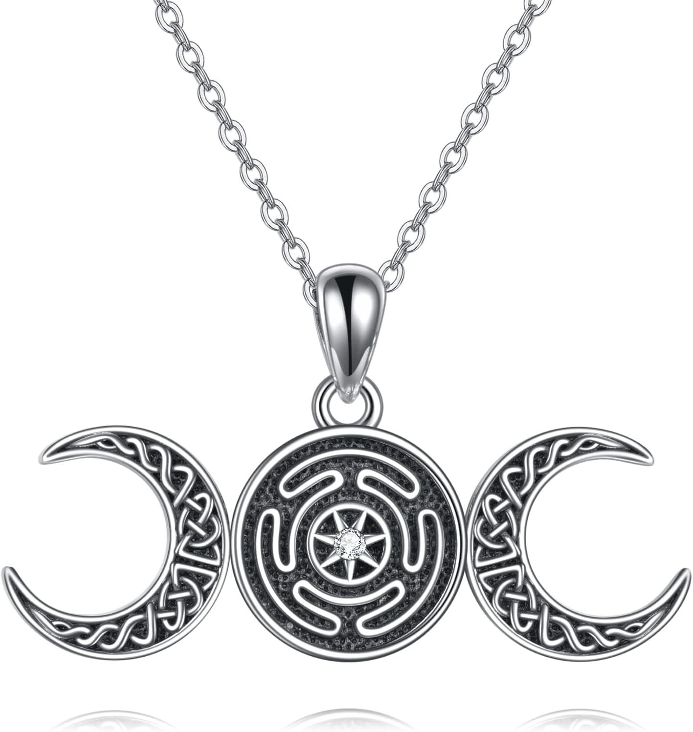 Sterling Silver Pentagram Necklace with Birthstone Triple Moon