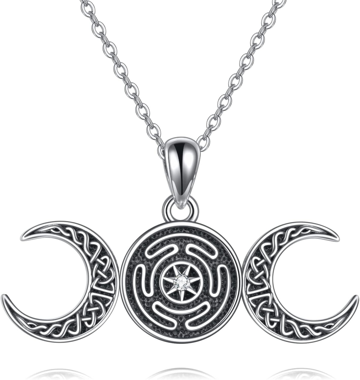 Sterling Silver Pentagram Necklace with Birthstone Triple Moon