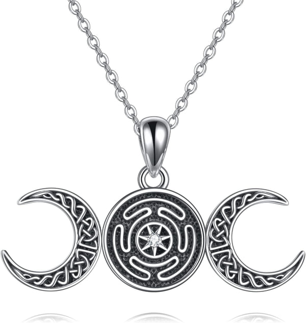 Sterling Silver Pentagram Necklace with Birthstone Triple Moon