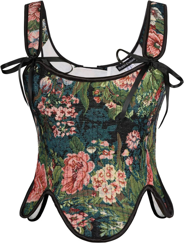 Renaissance Floral Lace-Up Bustier with Zipper