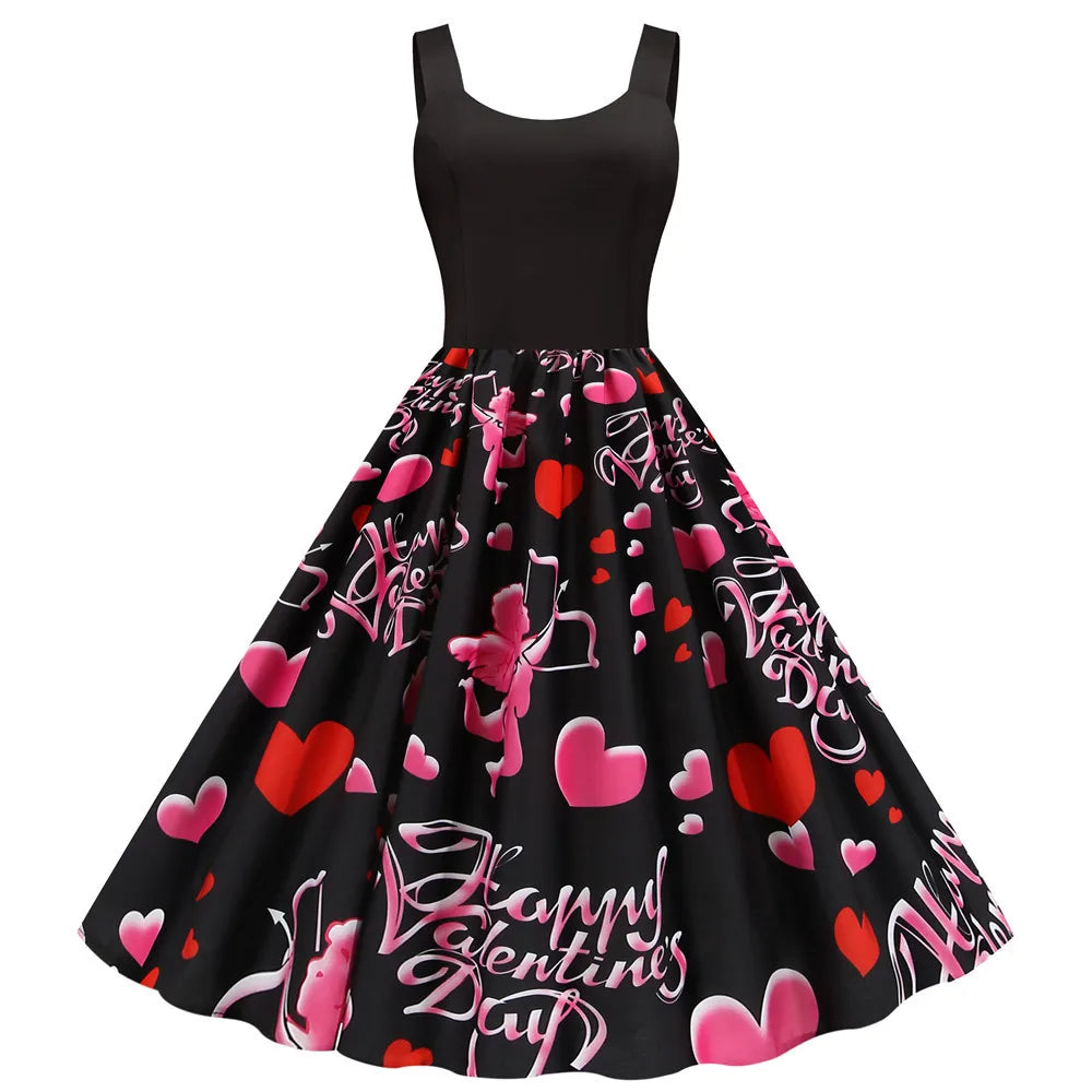 Sweet Heart Print Swing Summer Dress Sexy Halter Rockabilly Valentine Party Dresses Vestido Robe A-Line