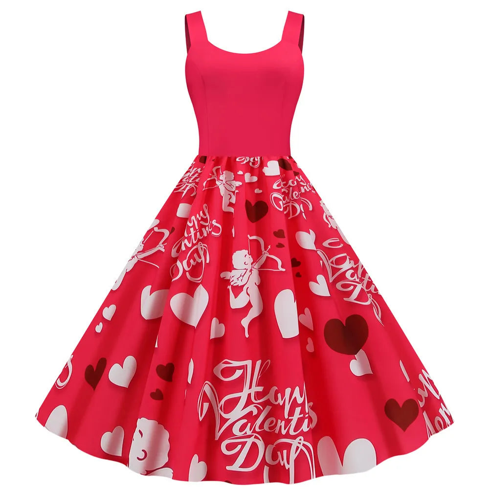 Sweet Heart Print Swing Summer Dress Sexy Halter Rockabilly Valentine Party Dresses Vestido Robe A-Line