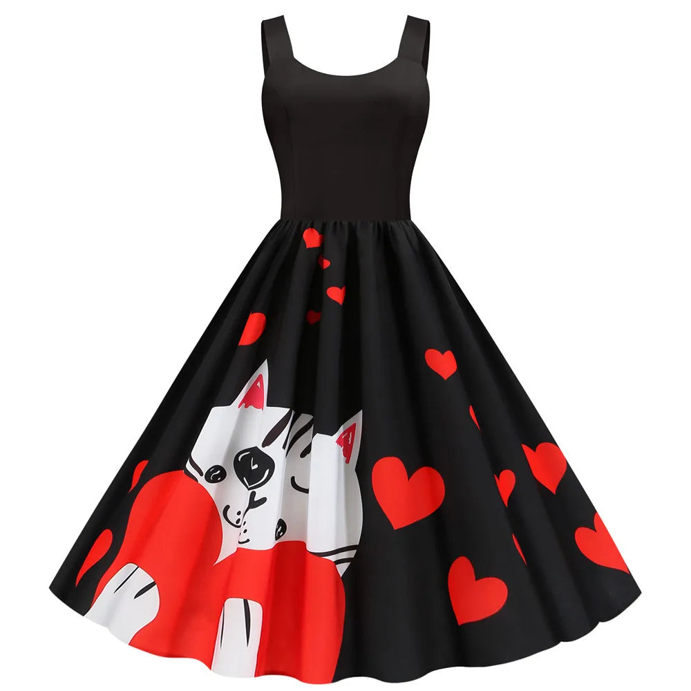 Sweet Heart Print Swing Summer Dress Sexy Halter Rockabilly Valentine Party Dresses Vestido Robe A-Line