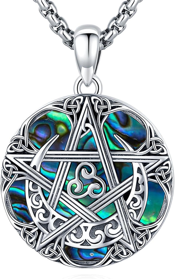 Sterling Silver Pentagram Necklace Triple Moon
