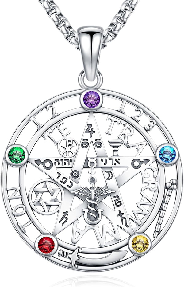 Sterling Silver Pentagram Necklace Triple Moon Tetragrammaton