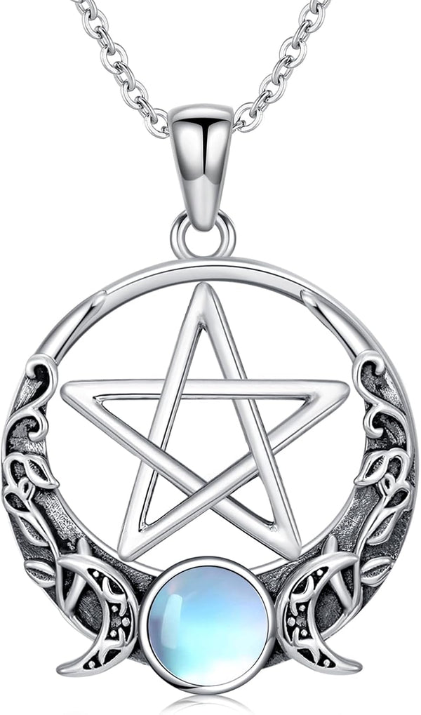 Sterling Silver Pentagram Necklace Triple Moon