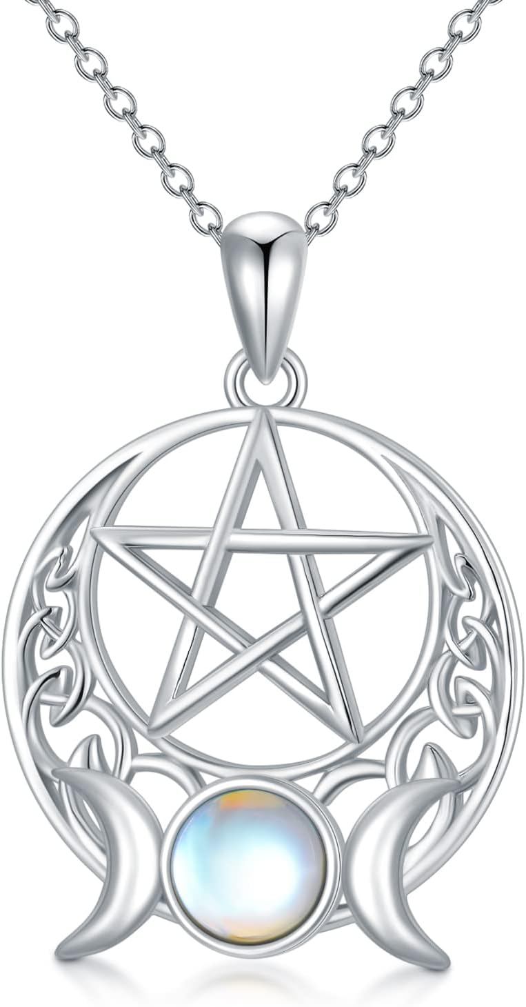 Sterling Silver Pentagram Necklace Triple Moon