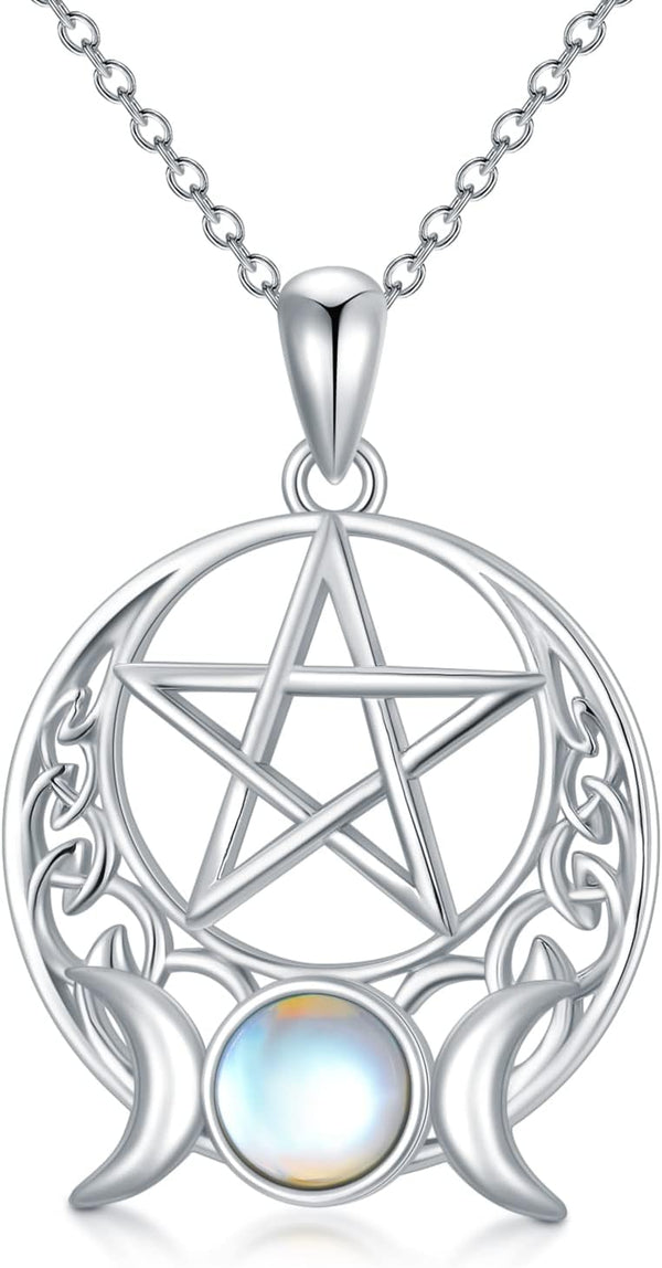 Sterling Silver Pentagram Necklace Triple Moon