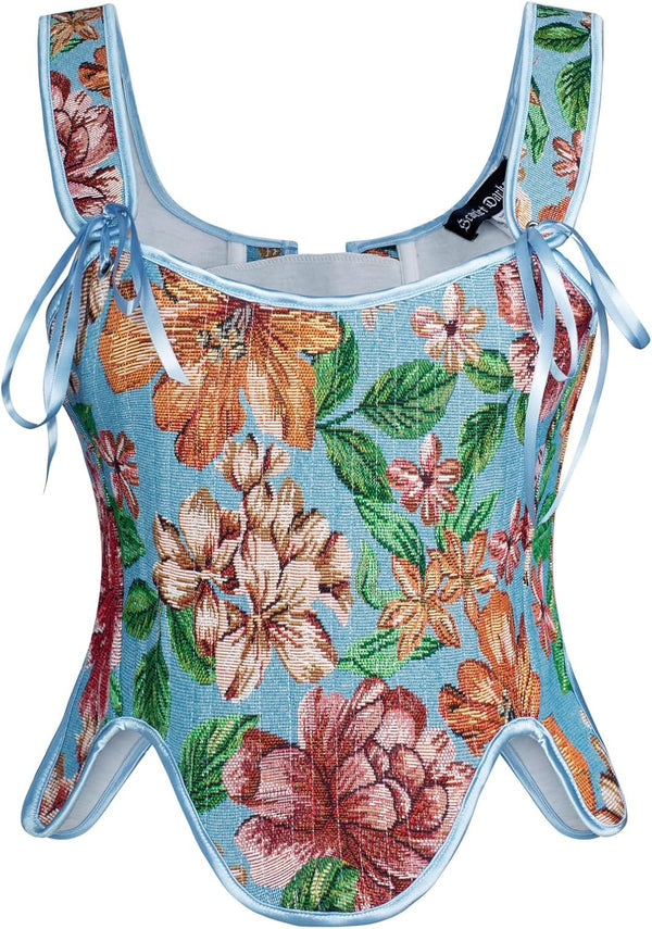 Renaissance Floral Lace-Up Bustier with Zipper