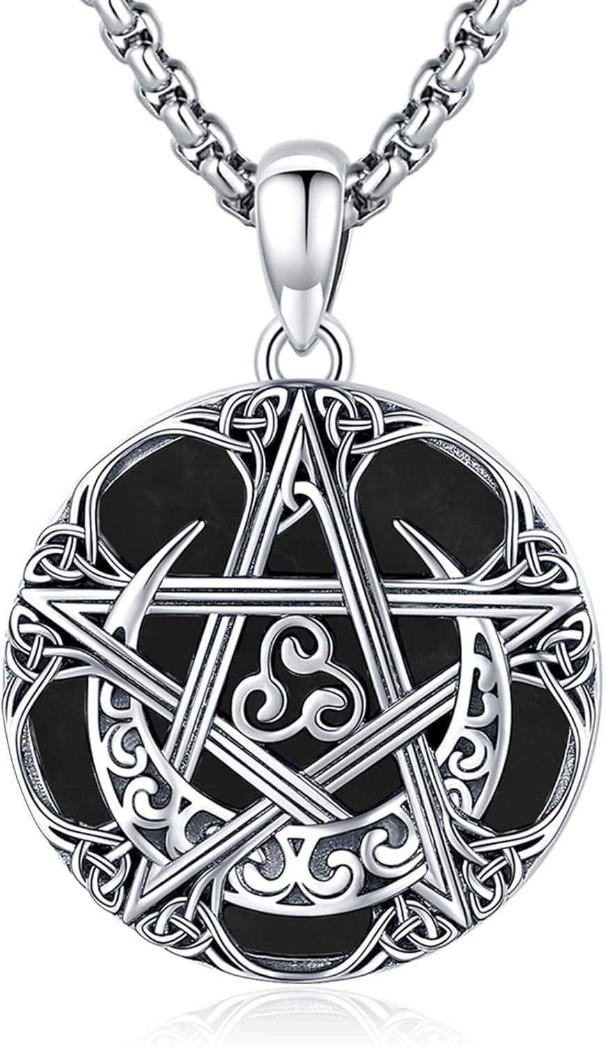 Sterling Silver Pentagram Necklace Triple Moon