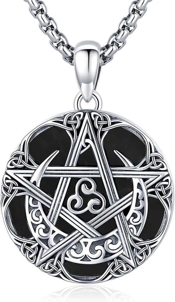 Sterling Silver Pentagram Necklace Triple Moon