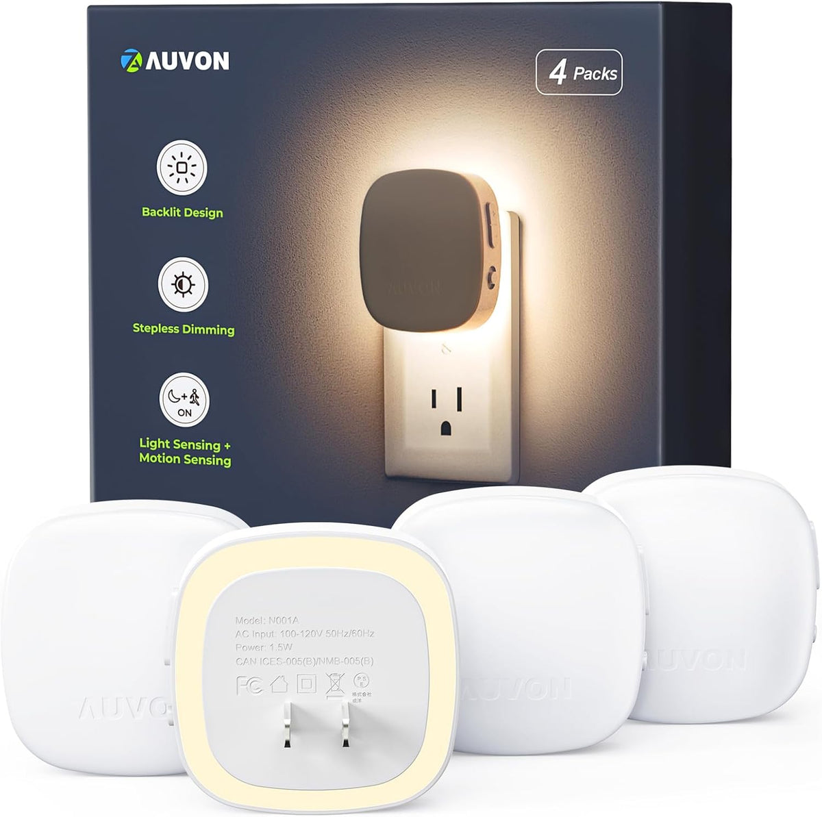 Auvon Plug-in LED Backlit Night Light With Motion Sensor & Dusk to Dawn Sensor, Dimmable Warm Whi...