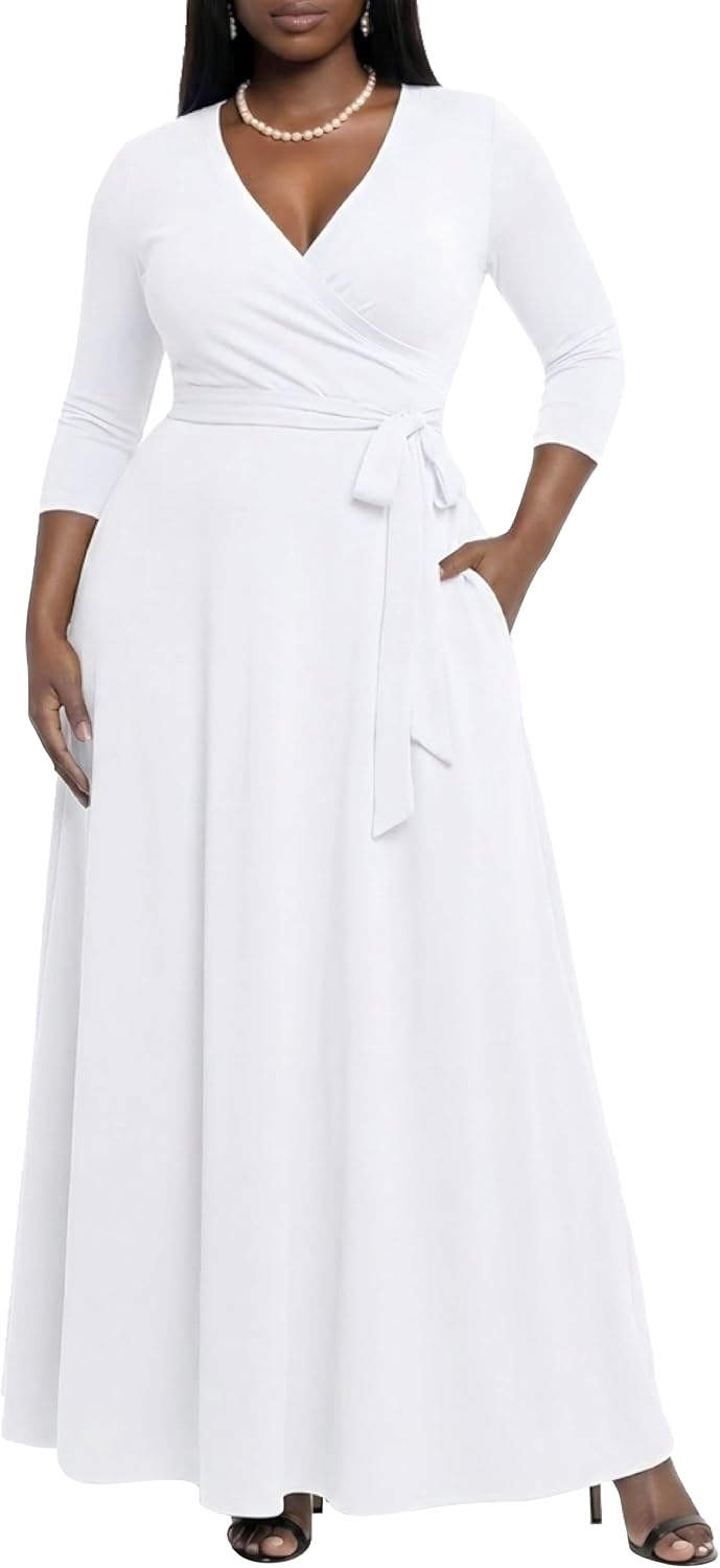 AOMONI Women's Maxi Dresses Summer Casual Wrap Tie Waist Long Dress
