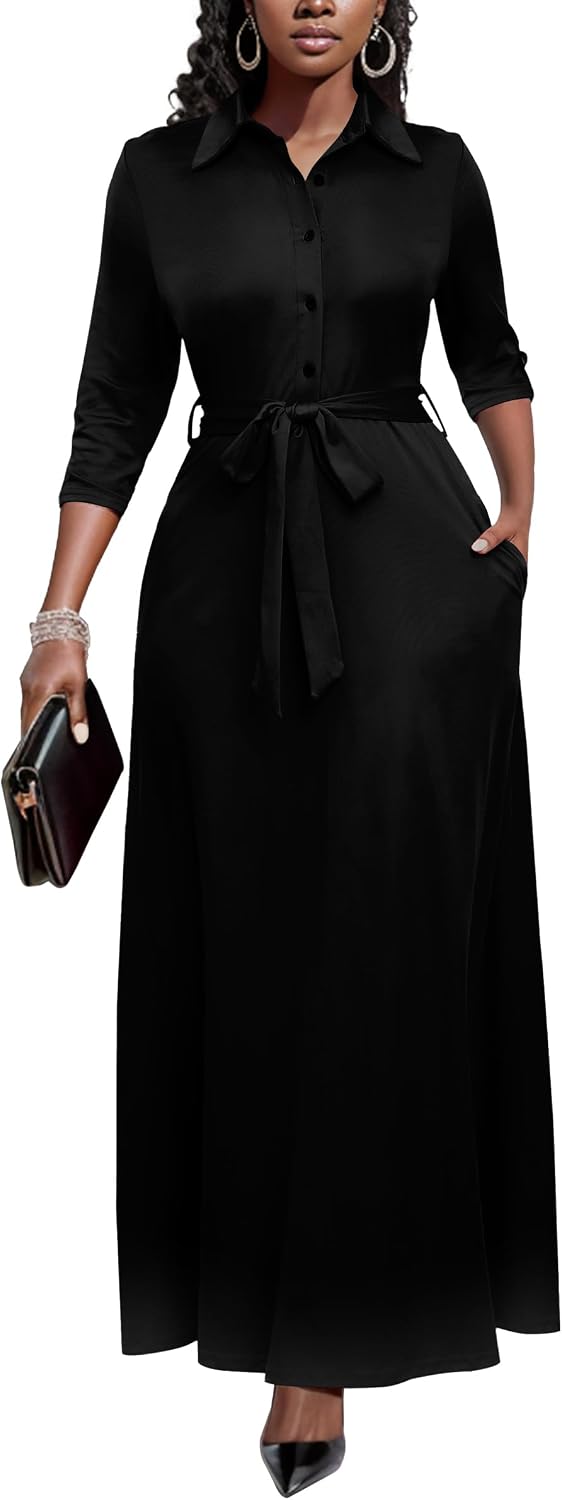 Runwind Womens Maxi Dress 3/4 Sleeve Button Down Church Dress with Pockets