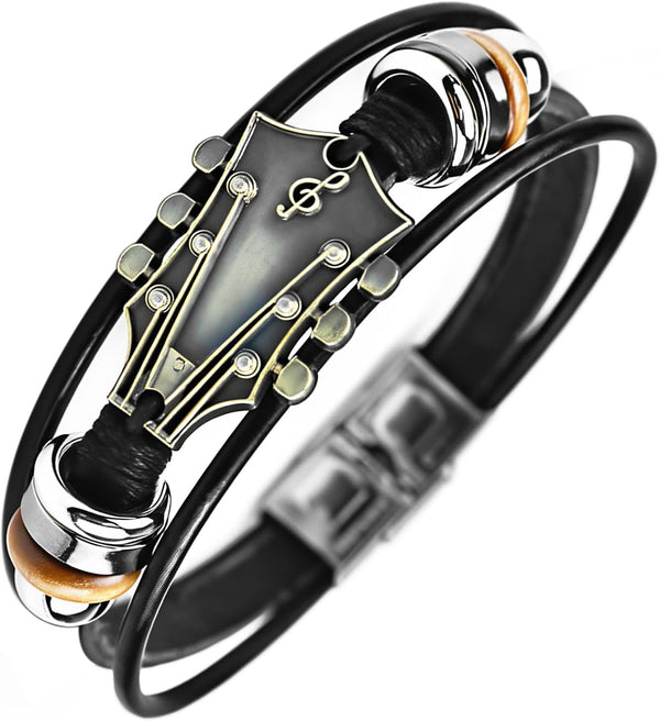 Retro Guitar Leather Bracelet for Man Women Unique Bead Braided Handmade Ethnic Tribal Cuff Multi-Layer Cords Wrap Music Shape Punk Rock Jewelry Gifts Wristband