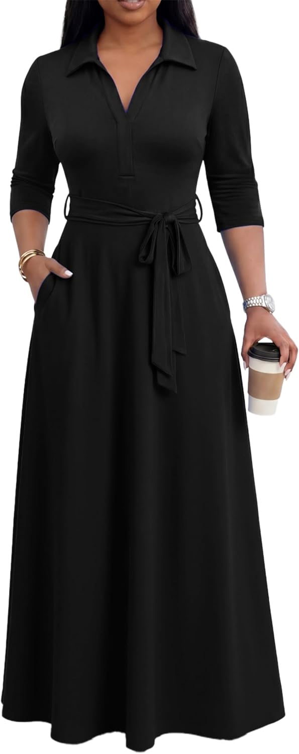 Maxi Dresses for Women Casual V Neck 3/4 Sleeve Long Church Dress Semi Formal Outfits with Pockets