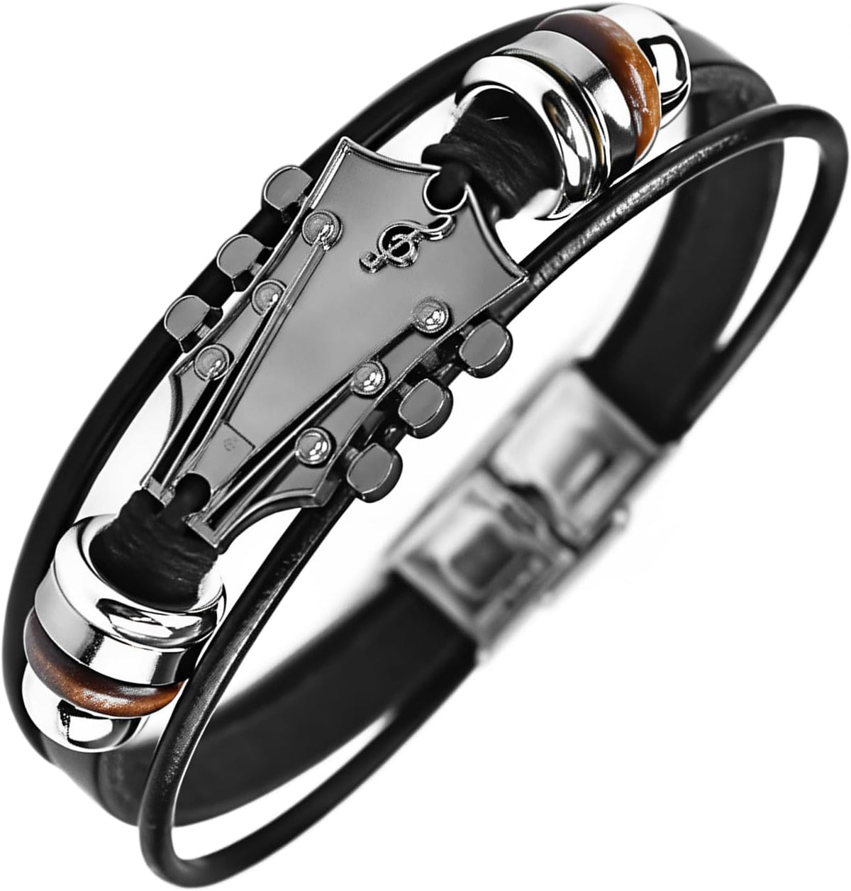 Retro Guitar Leather Bracelet for Man Women Unique Bead Braided Handmade Ethnic Tribal Cuff Multi-Layer Cords Wrap Music Shape Punk Rock Jewelry Gifts Wristband