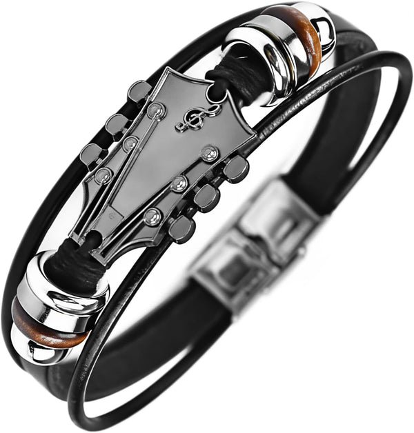 Retro Guitar Leather Bracelet for Man Women Unique Bead Braided Handmade Ethnic Tribal Cuff Multi-Layer Cords Wrap Music Shape Punk Rock Jewelry Gifts Wristband