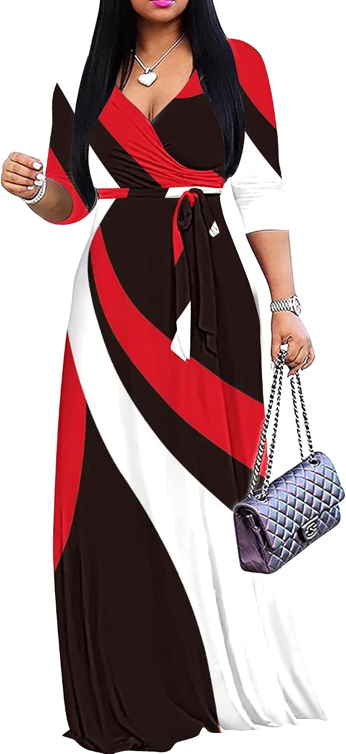 FANDEE Plus Size Maxi Dress for Women Casual Summer Sundress V-Neck 3/4 Sleeve