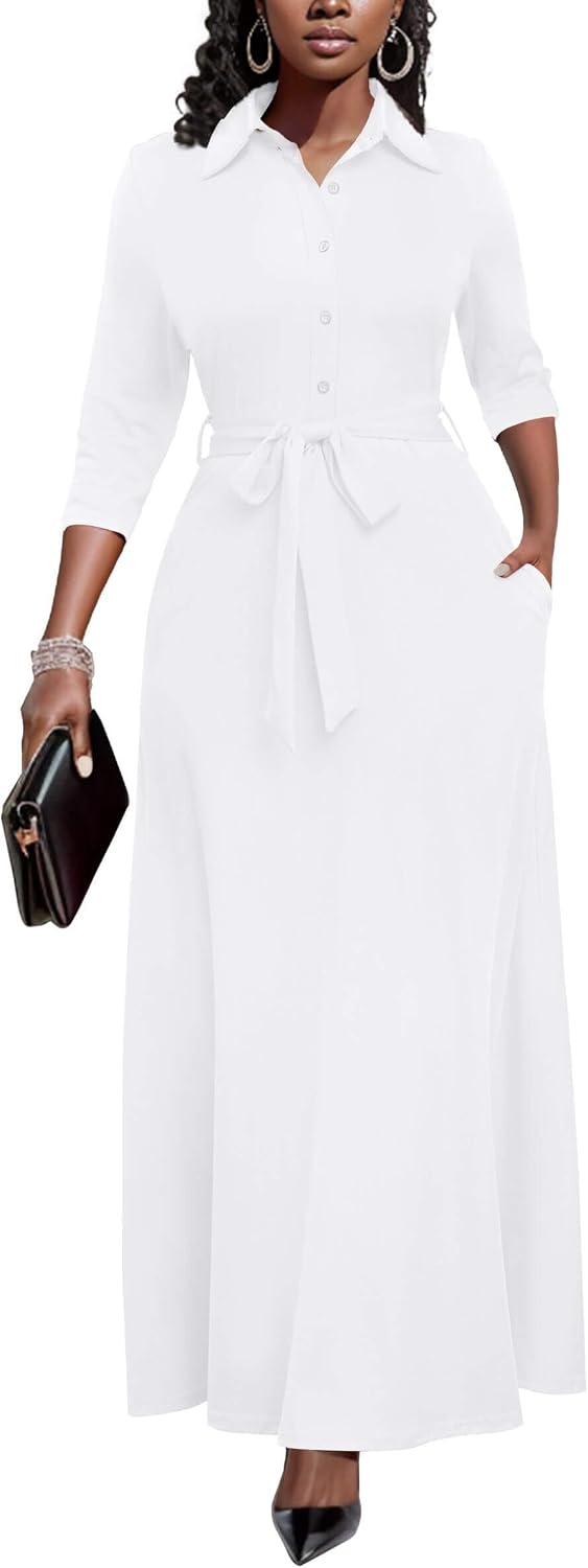 Runwind Womens Maxi Dress 3/4 Sleeve Button Down Church Dress with Pockets