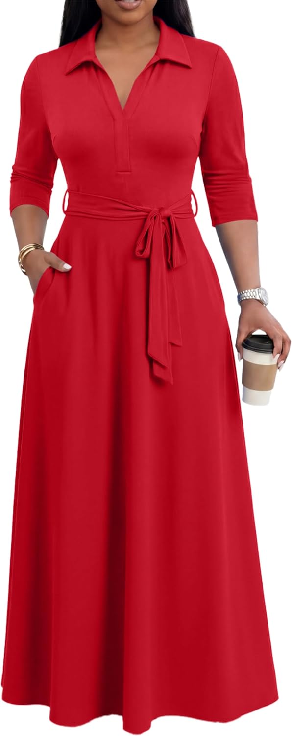 Maxi Dresses for Women Casual V Neck 3/4 Sleeve Long Church Dress Semi Formal Outfits with Pockets