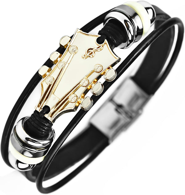 Retro Guitar Leather Bracelet for Man Women Unique Bead Braided Handmade Ethnic Tribal Cuff Multi-Layer Cords Wrap Music Shape Punk Rock Jewelry Gifts Wristband