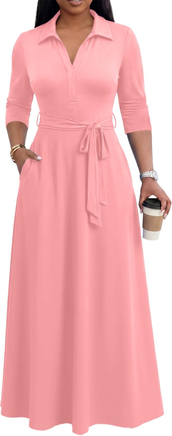 Maxi Dresses for Women Casual V Neck 3/4 Sleeve Long Church Dress Semi Formal Outfits with Pockets Secondary image