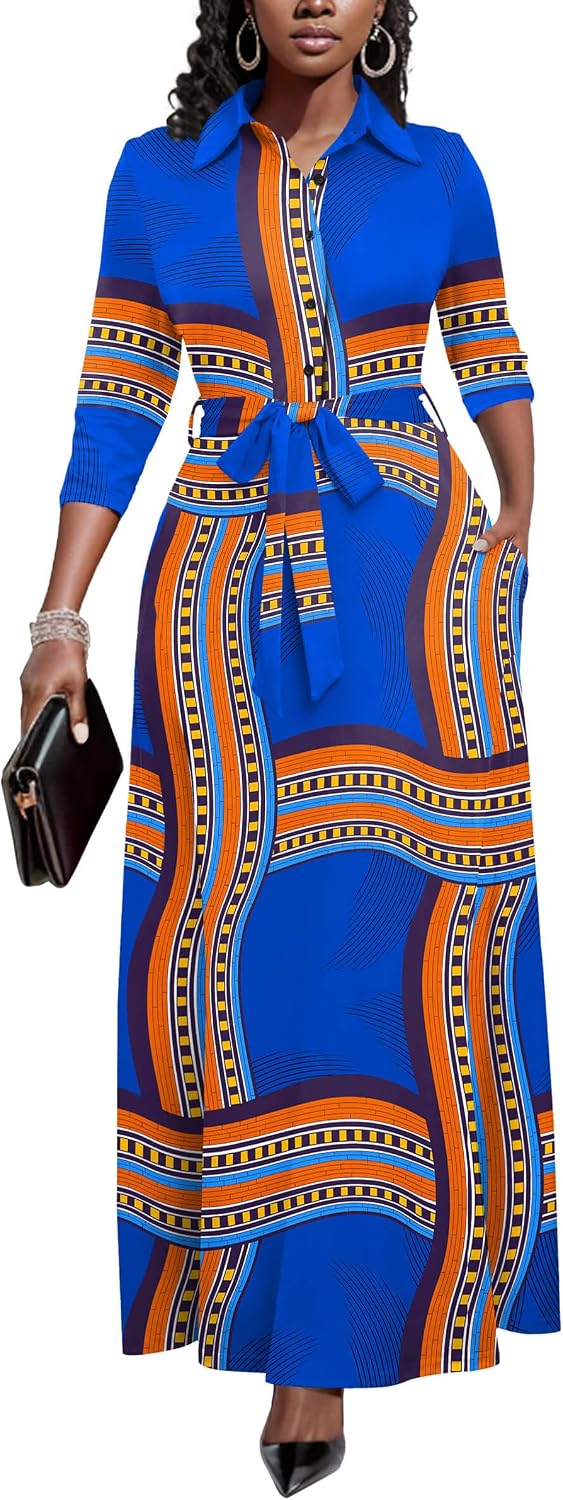 Runwind Womens Maxi Dress 3/4 Sleeve Button Down Church Dress with Pockets