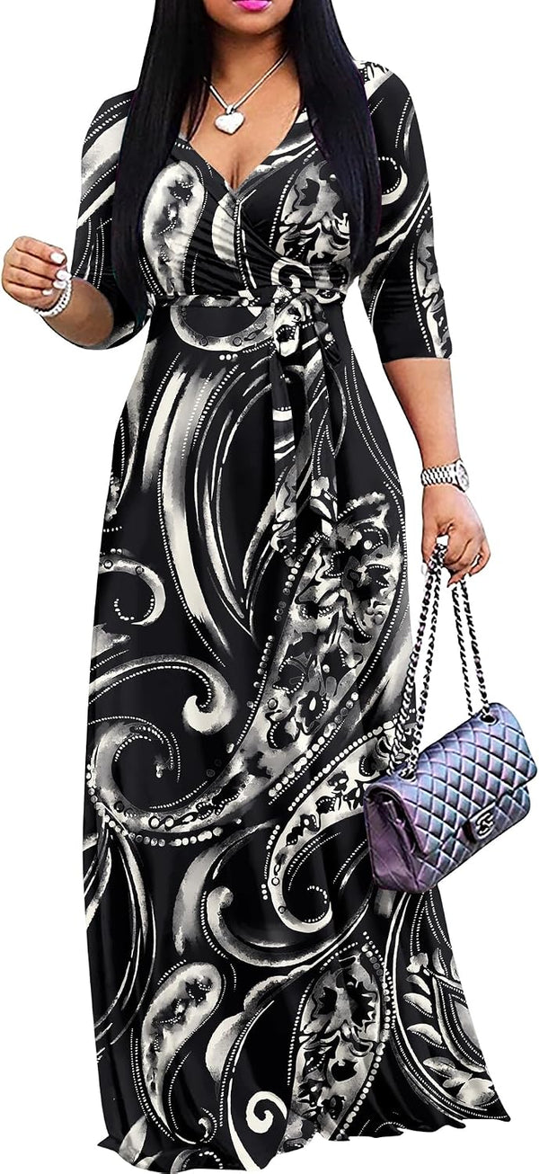 FANDEE Plus Size Maxi Dress for Women Casual Summer Sundress V-Neck 3/4 Sleeve