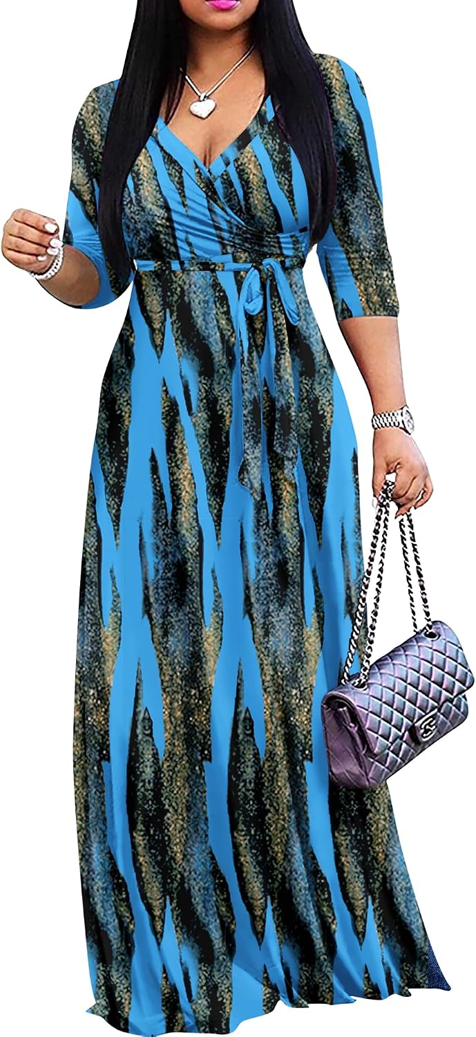 FANDEE Plus Size Maxi Dress for Women Casual Summer Sundress V-Neck 3/4 Sleeve