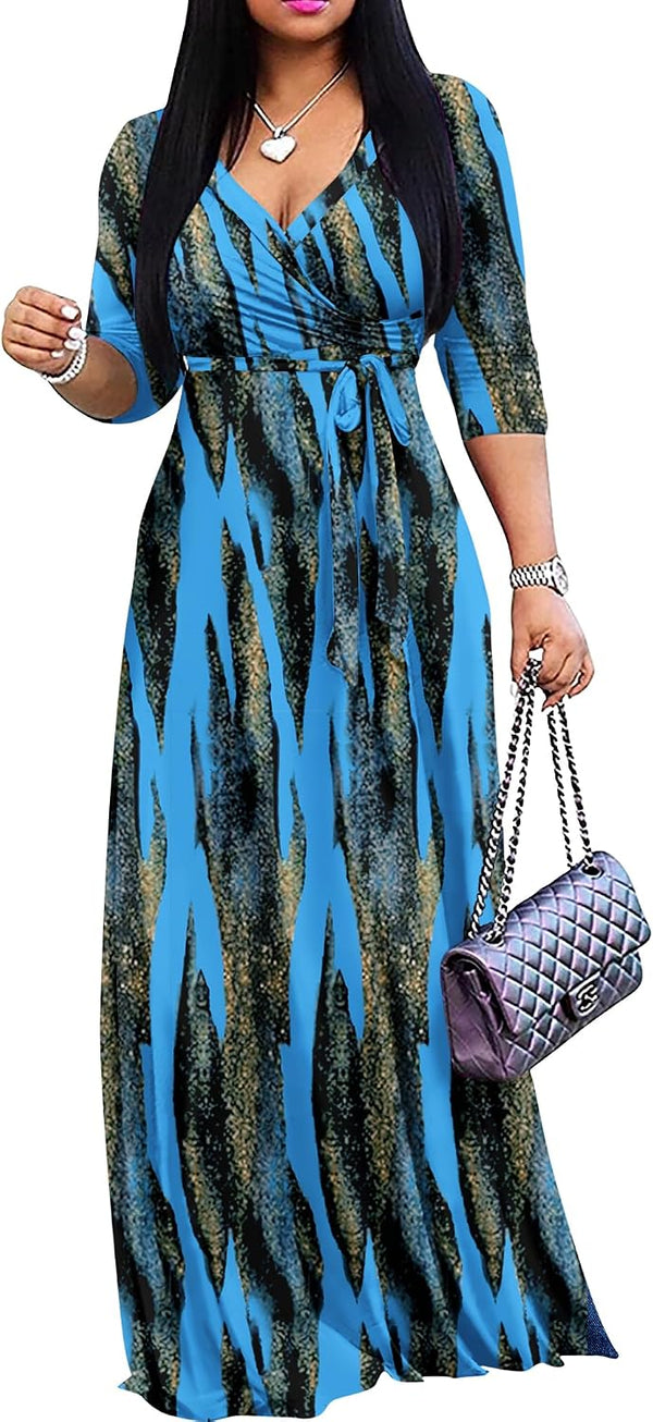 FANDEE Plus Size Maxi Dress for Women Casual Summer Sundress V-Neck 3/4 Sleeve