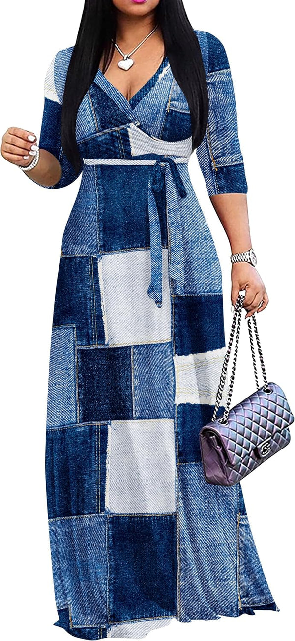 FANDEE Plus Size Maxi Dress for Women Casual Summer Sundress V-Neck 3/4 Sleeve
